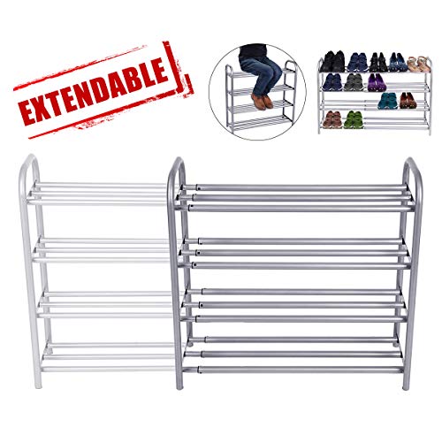 GEMITTO 4-Tier Shoe Rack Organizer, Expandable Durable Shoe Home Storage Shelf Rack, Heavy Duty, Holds 20 Pairs Shoe, for Closet Bedroom Entryway (23.6"~41.7"x8.9"x24.2") Silver Gray