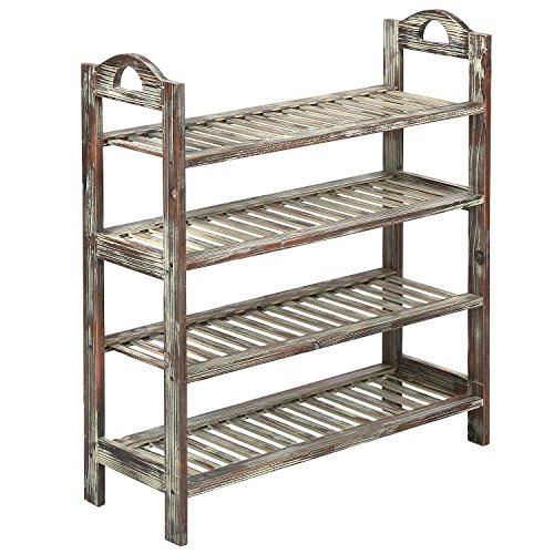 MyGift 4 Tier Country Rustic Torched Wood Slatted Storage Shoe Rack, Entryway Utility Shelf