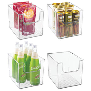 mDesign Plastic Open Front Food Storage Bin for Kitchen Cabinet, Pantry, Shelf, Fridge/Freezer - Organizer for Fruit, Potatoes, Onions, Drinks, Snacks, Pasta - 8" Wide, 4 Pack - Clear