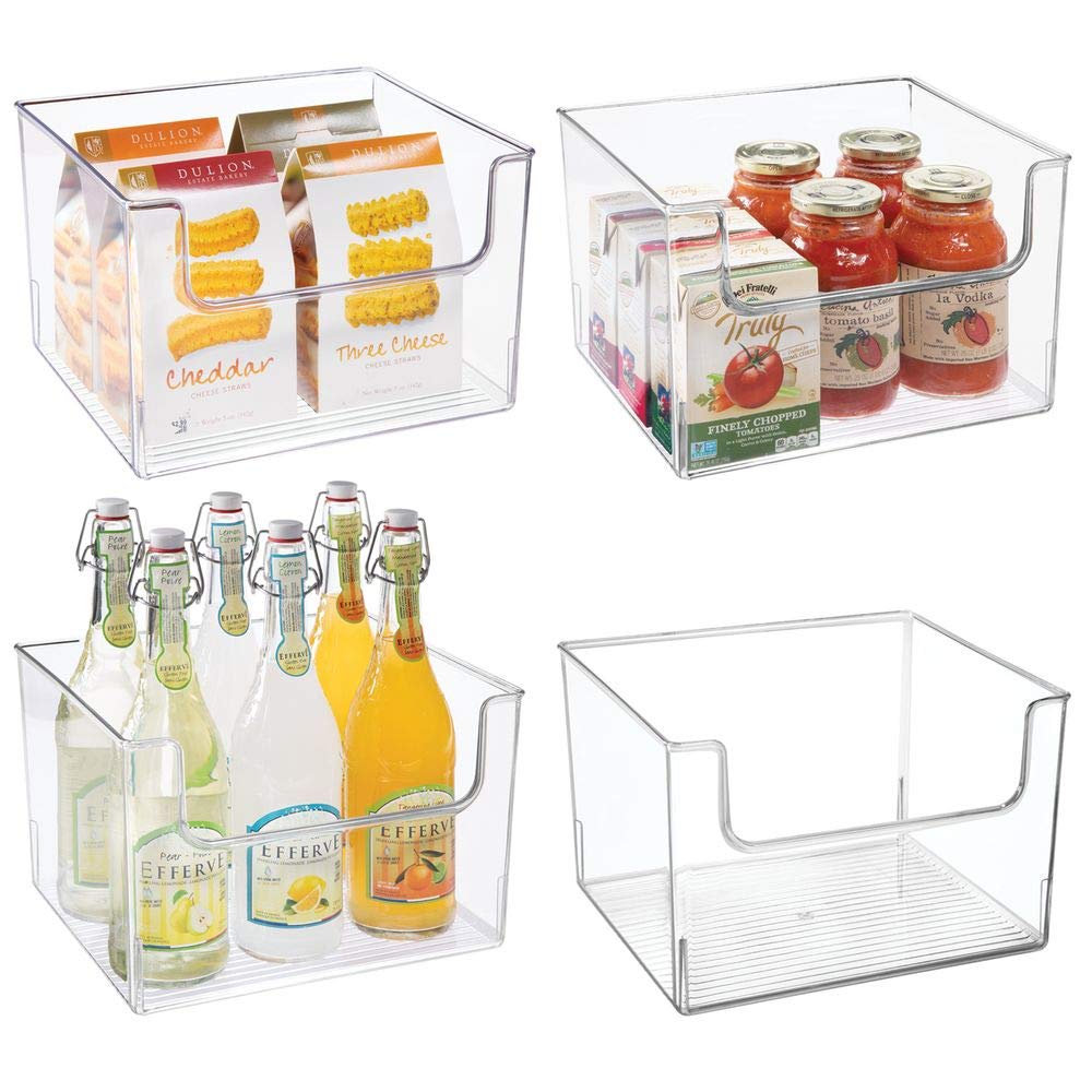 mDesign Plastic Open Front Food Storage Bin for Kitchen Cabinet, Pantry, Shelf, Fridge/Freezer - Organizer for Fruit, Potatoes, Onions, Drinks, Snacks, Pasta - 12" Wide, 4 Pack - Clear