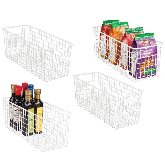 mDesign Farmhouse Decor Metal Wire Food Storage Organizer Bin Basket with Handles for Kitchen Cabinets, Pantry, Bathroom, Laundry Room, Closets, Garage - 16" x 6" x 6" - 4 Pack - Matte White