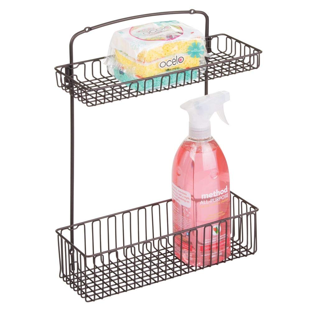 mDesign Metal Farmhouse Wall Mount Kitchen Storage Organizer Holder or Basket - Hang on Wall, Under Sink, or Cabinet Door in Kitchen/Pantry - Holds Dish Soap, Window Cleaner, Sponges - Bronze