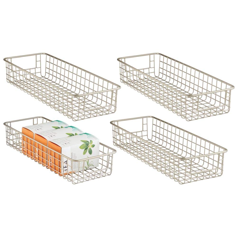 mDesign Household Wire Drawer Organizer Tray, Storage Organizer Bin Basket, Built-In Handles - for Kitchen Cabinets, Drawers, Pantry, Closet, Bedroom, Bathroom - 16" x 6" x 3" - 4 Pack - Satin