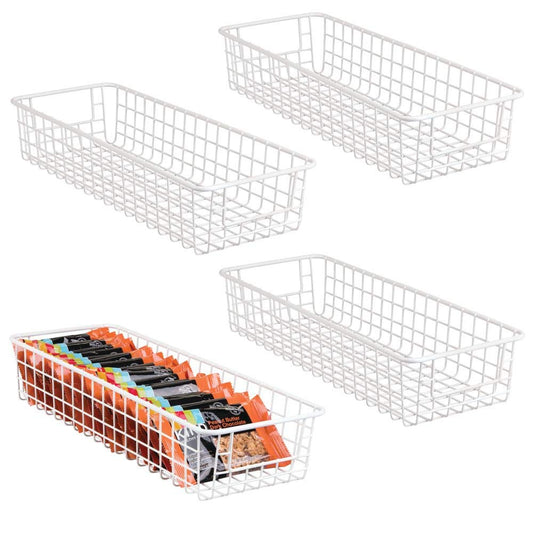 mDesign Household Wire Drawer Organizer Tray, Storage Organizer Bin Basket, Built-In Handles - for Kitchen Cabinets, Drawers, Pantry, Closet, Bedroom, Bathroom - 16" x 6" x 3" - 4 Pack - Matte White