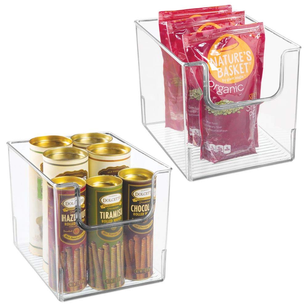 mDesign Plastic Open Front Food Storage Bin for Kitchen Cabinet, Pantry, Shelf, Fridge/Freezer - Organizer for Fruit, Potatoes, Onions, Drinks, Snacks, Pasta - 8" Wide, 2 Pack - Clear