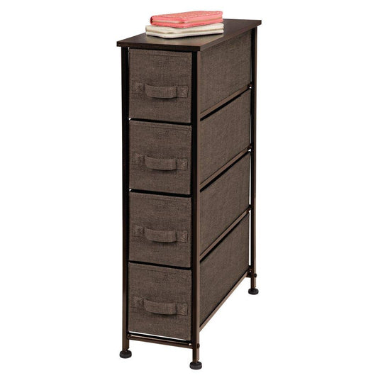 mDesign Narrow Vertical Dresser Storage Tower - Sturdy Steel Frame, Wood Top, Easy Pull Fabric Bins - Organizer Unit for Bedroom, Hallway, Entryway, Closet - Textured Print, 4 Drawers - Espresso Brown