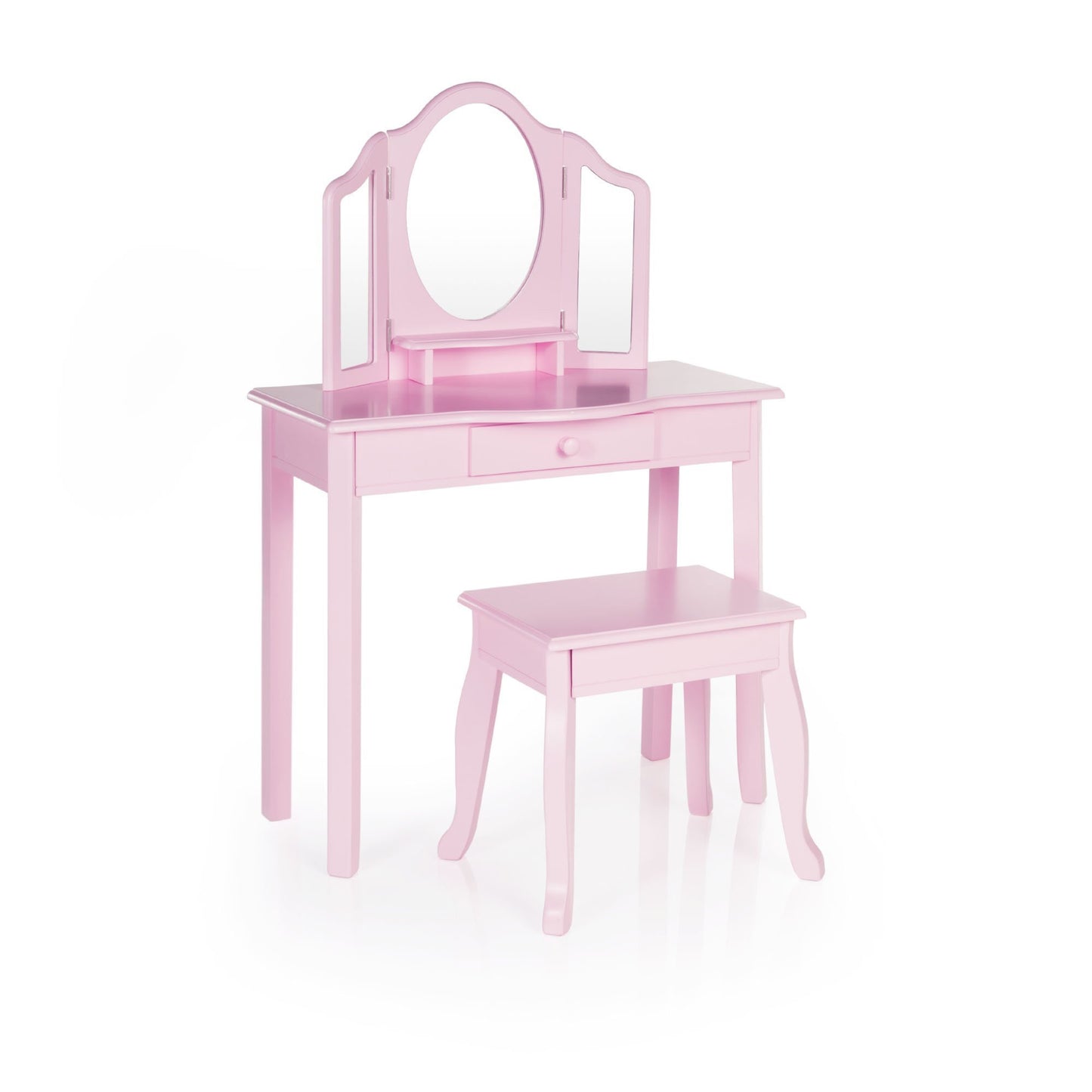 Shop here guidecraft vanity and stool pink kids wooden table and chair set with 3 mirrors and make up drawer storage for toddlers childrens furniture