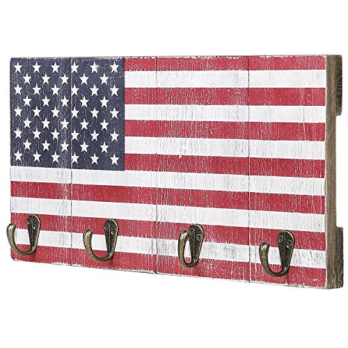 MyGift 4-Hook American Flag Design Wood Wall Mounted Key Rack