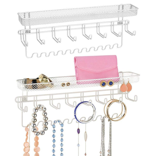 mDesign Decorative Metal Closet Wall Mount Jewelry Accessory Organizer for Storage of Necklaces, Bracelets, Rings, Earrings, Sunglasses, Wallets - 8 Large /11 Small Hooks, 1 Basket - 2 Pack - White