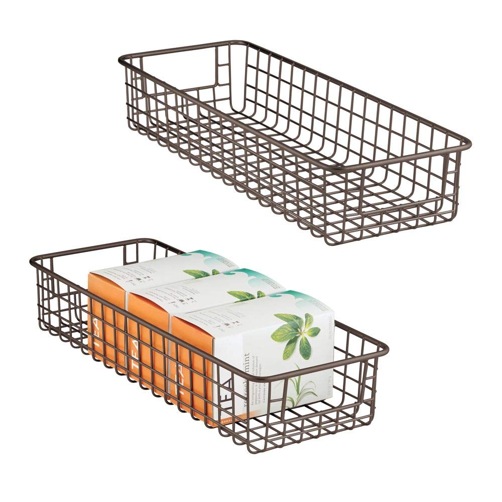 mDesign Household Wire Drawer Organizer Tray, Storage Organizer Bin Basket, Built-In Handles - for Kitchen Cabinets, Drawers, Pantry, Closet, Bedroom, Bathroom - 16" x 6" x 3" - 2 Pack - Bronze