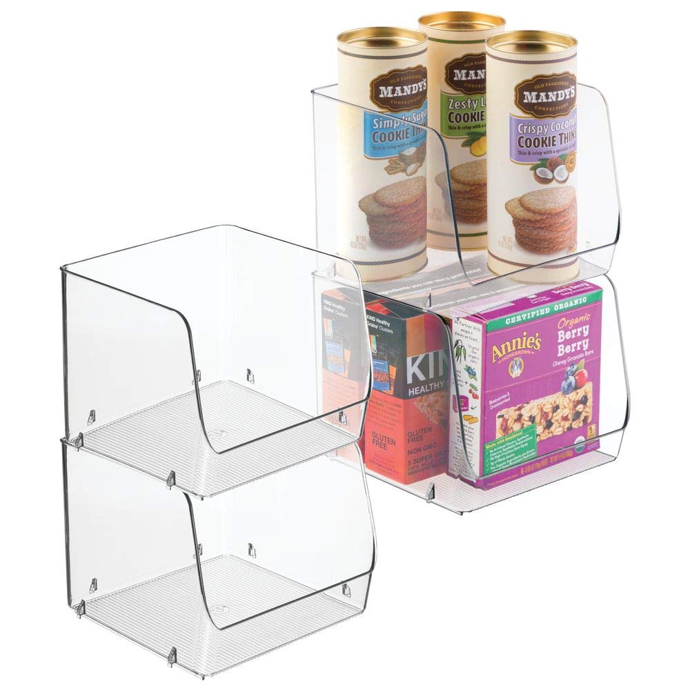 mDesign Large Household Stackable Plastic Food Storage Organizer Bin Basket with Wide Open Front for Kitchen Cabinets, Pantry, Offices, Closets, Bedrooms, Bathrooms - Cube - 7.75" Wide, 4 Pack - Clear