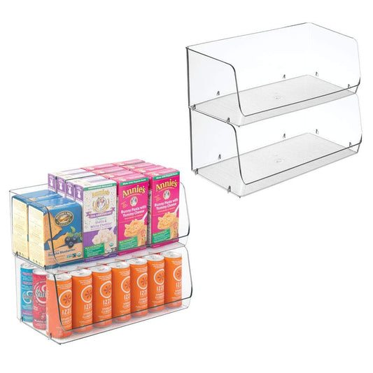 mDesign Extra Large Household Stackable Plastic Food Storage Organizer Bin Basket with Wide Open Front for Kitchen Cabinets, Pantry, Offices, Closets, Bedrooms, Bathrooms - 15" Wide, 4 Pack - Clear