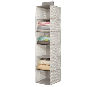 mDesign Long Soft Fabric Over Closet Rod Hanging Storage Organizer with 6 Shelves for Clothes, Leggings, Lingerie, T Shirts - Chevron Zig-Zag Print with Solid Trim - Taupe/Natural