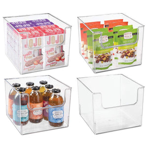 mDesign Plastic Open Front Food Storage Bin for Kitchen Cabinet, Pantry, Shelf, Fridge/Freezer - Organizer for Fruit, Potatoes, Onions, Drinks, Snacks, Pasta - 10" Wide, 4 Pack - Clear