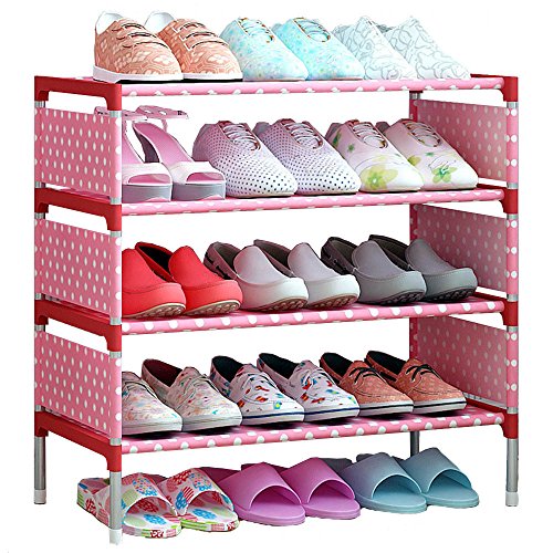 FKUO Shoes Shelf Easy Assembled Non-Woven 4 Tier Shoe Rack Shelf Storage Organizer Stand Holder Keep Room Neat Door Space Saving (Pink, 57.5 x 26 x 64cm)
