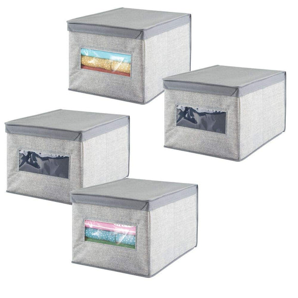 mDesign Soft Fabric Stackable Closet Storage Organizer Holder Box Bin with Clear Window, Attached Hinged Lid - Bedroom, Hallway, Entryway, Closet, Bathroom - Textured Print, Large, 4 Pack - Gray