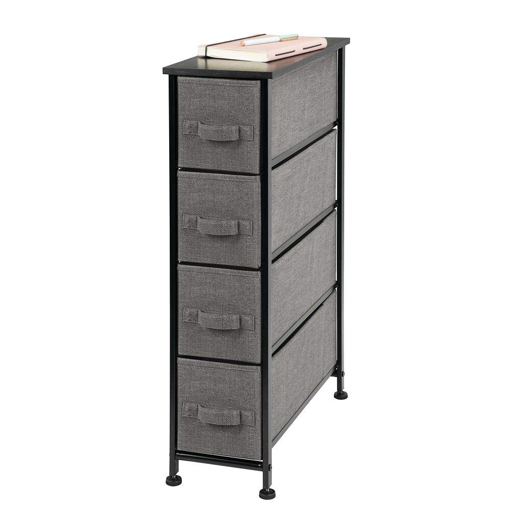 mDesign Narrow Vertical Dresser Storage Tower - Sturdy Metal Frame, Wood Top, Easy Pull Fabric Bins - Organizer Unit for Bedroom, Hallway, Entryway, Closet - Textured Print, 4 Drawers - Charcoal Gray