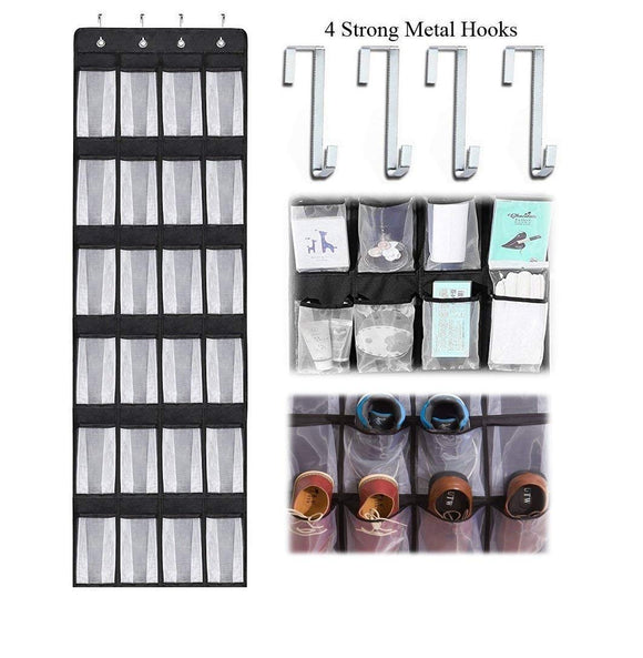 Over The Door Hanging Shoe Organizer, 24 Large Mesh Pockets Shoes Storage and Closet Organizer with 4 Unique Customized Strong Metal Hooks for Kitchen Accessory Holder - Space Saving Solution(Black)