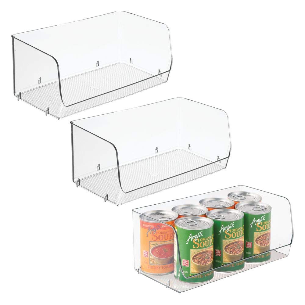 mDesign Household Stackable Plastic Storage Organizer Bin Basket with Open Front for Kitchen Cabinets, Pantry, Offices, Closets, Bedrooms, Bathrooms - 12" Wide, Pack of 3, Clear