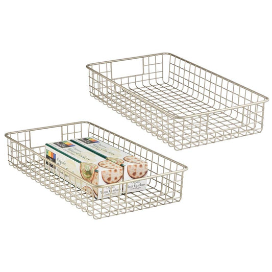 mDesign Household Metal Wire Cabinet Organizer Storage Organizer Bins Baskets trays - for Kitchen Pantry Pantry Fridge, Closets, Garage Laundry Bathroom - 16" x 9" x 3" - 2 Pack - Satin