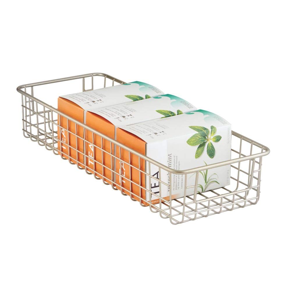 mDesign Household Wire Drawer Organizer Tray, Storage Organizer Bin Basket, Built-In Handles - for Kitchen Cabinets, Drawers, Pantry, Closet, Bedroom, Bathroom - 16" x 6" x 3" - Satin