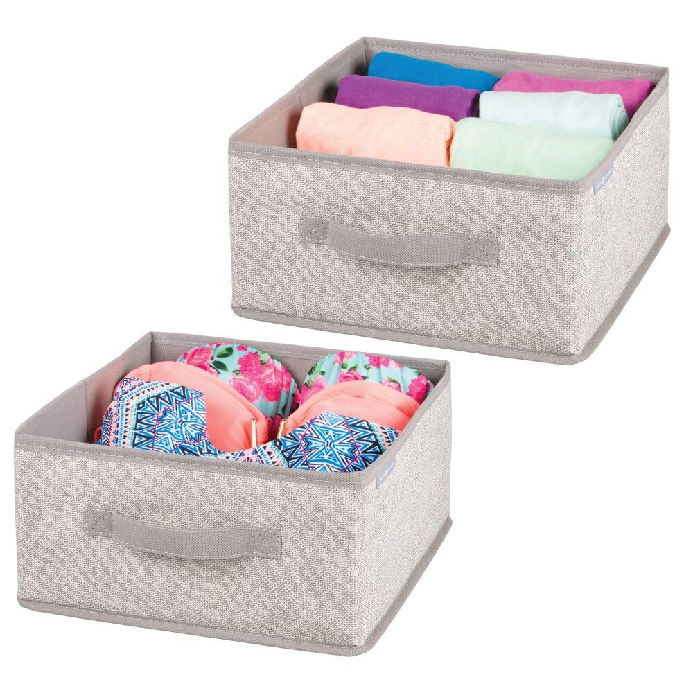 mDesign Soft Fabric Modular Closet Organizer Box with Handle for Cube Storage Units in Closet, Bedroom to Hold Clothing, T Shirts, Leggings, Accessories - Textured Print, 2 Pack - Linen/Tan