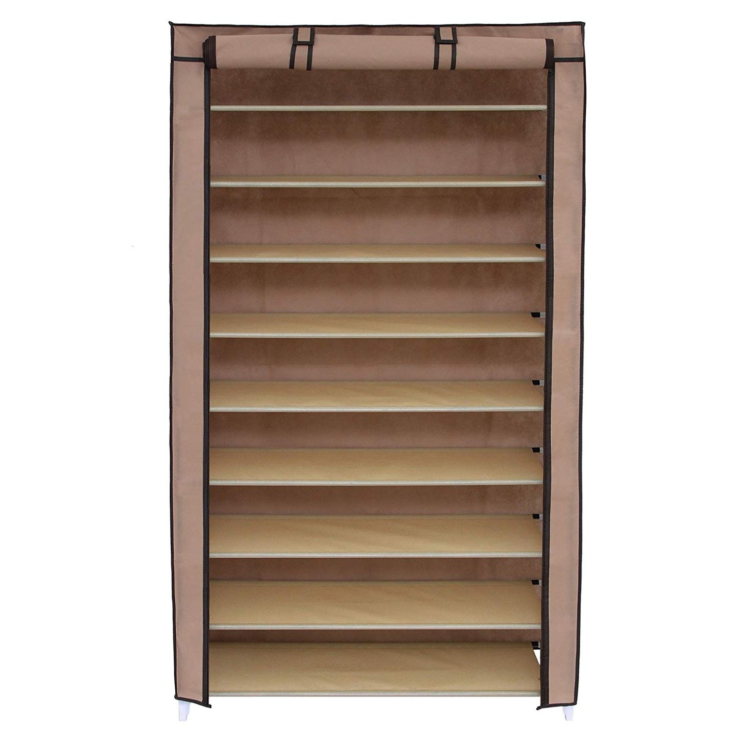 SONGMICS 10 Tiers Shoe Rack with Dustproof Cover Closet Shoe Storage Cabinet Organizer Mocha URXJ36K