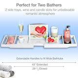 Top rated royal craft wood bamboo bathtub caddy tray with wine and book holder one or two person bath tray with extending sides free soap dish white