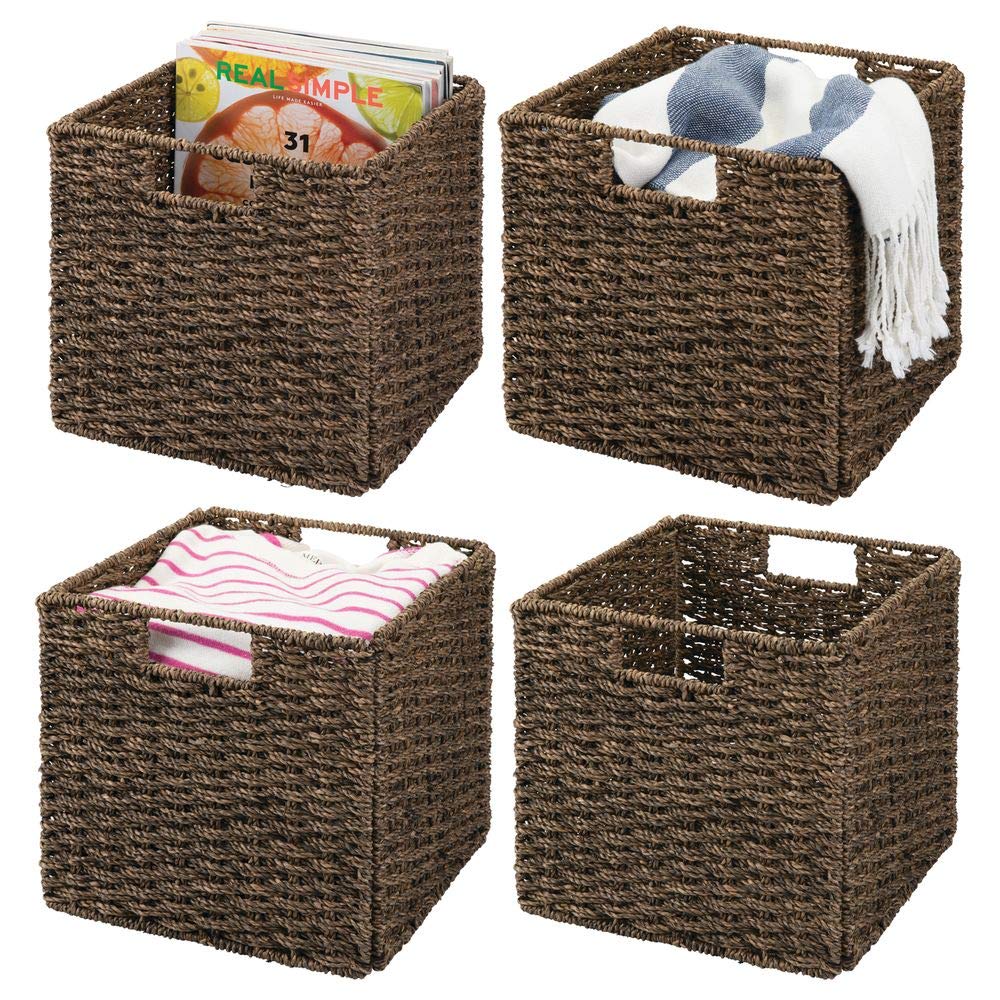 mDesign Natural Woven Seagrass Closet Storage Organizer Basket Bin - Collapsible - for Cube Furniture Shelving in Closet, Bedroom, Bathroom, Entryway, Office - 10.5" High, 4 Pack - Chestnut Brown