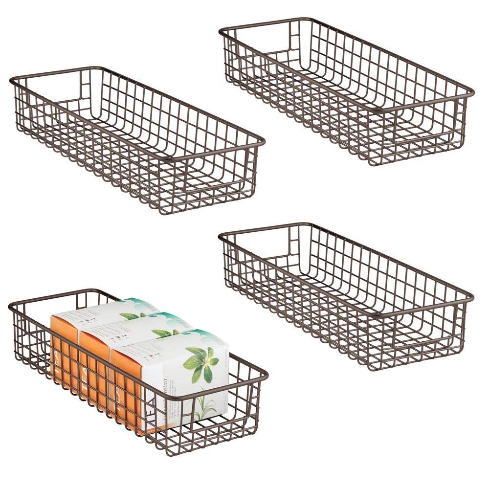 mDesign Household Wire Drawer Organizer Tray, Storage Organizer Bin Basket, Built-In Handles - for Kitchen Cabinets, Drawers, Pantry, Closet, Bedroom, Bathroom - 16" x 6" x 3" - 4 Pack - Bronze