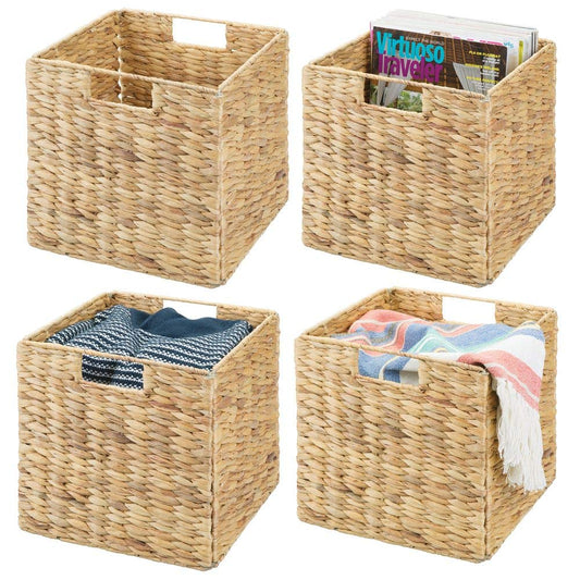 mDesign Natural Woven Hyacinth Closet Storage Organizer Basket Bin - Collapsible - for Cube Furniture Shelving in Closet, Bedroom, Bathroom, Entryway, Office - 10.5" High, 4 Pack - Natural/Tan