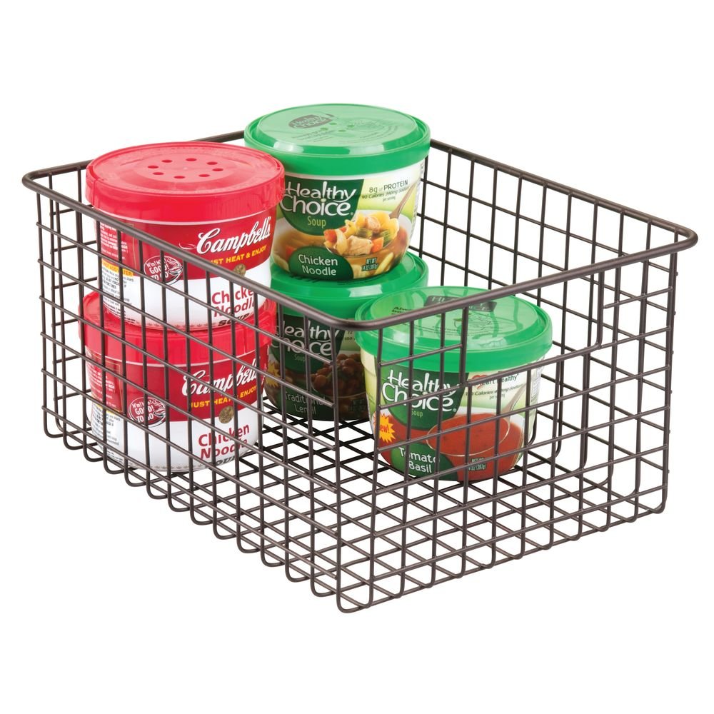 mDesign Farmhouse Decor Metal Wire Food Storage Organizer Bin Basket with Handles - for Kitchen Cabinets, Pantry, Bathroom, Laundry Room, Closets, Garage - 12" x 9" x 6" - Bronze