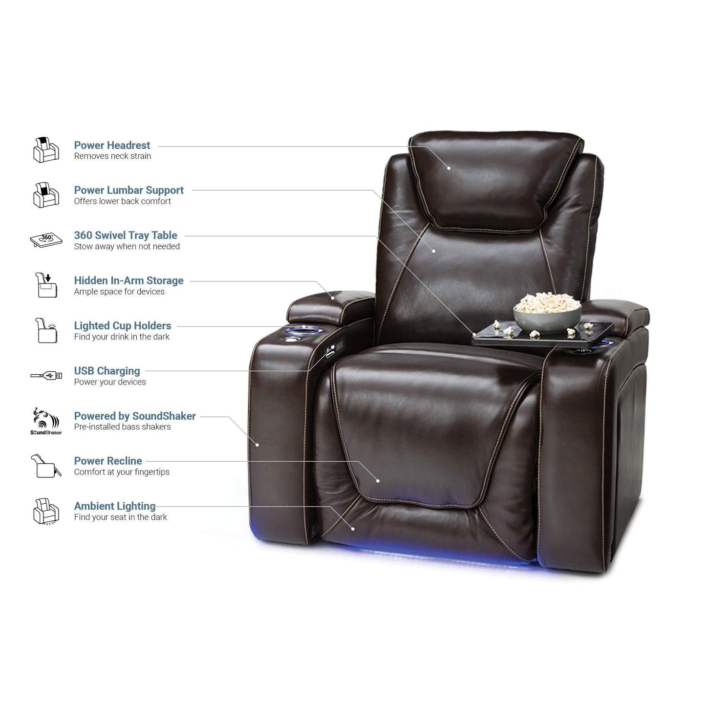 Storage seatcraft equinox home theater seating leather power recliner adjustable power headrest adjustable powered lumbar support usb charging storage soundshaker lighted cup holders brown
