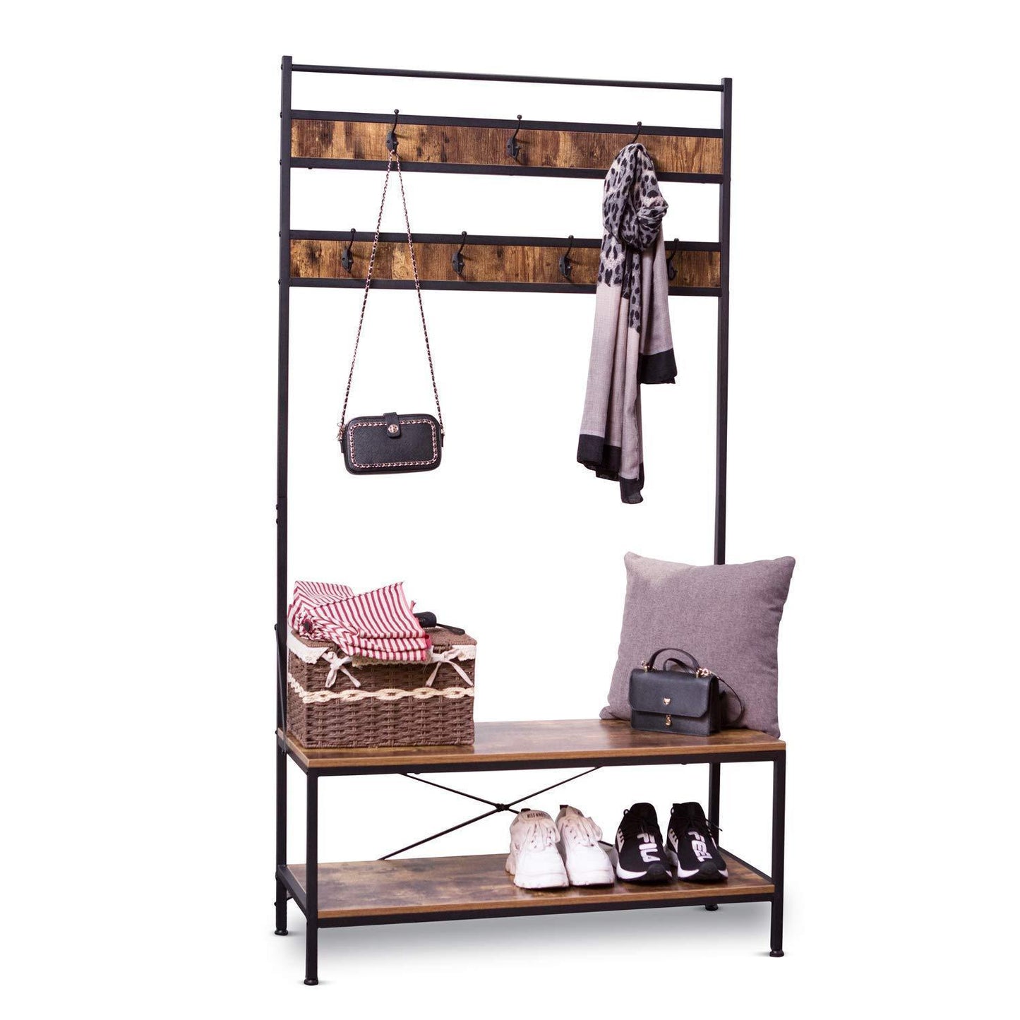 IRONCK Coat Rack Free Standing, Hall Tree, Industrial Entryway Organizer, Coat Stand with Storage Bench, MDF Board Multifunctional Sturdy Metal Frame, Large Size