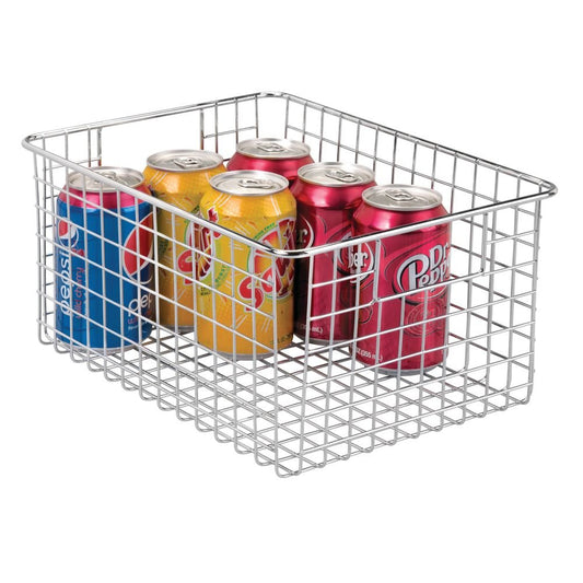 mDesign Farmhouse Decor Metal Wire Food Storage Organizer Bin Basket with Handles - for Kitchen Cabinets, Pantry, Bathroom, Laundry Room, Closets, Garage - 12" x 9" x 6" - Chrome