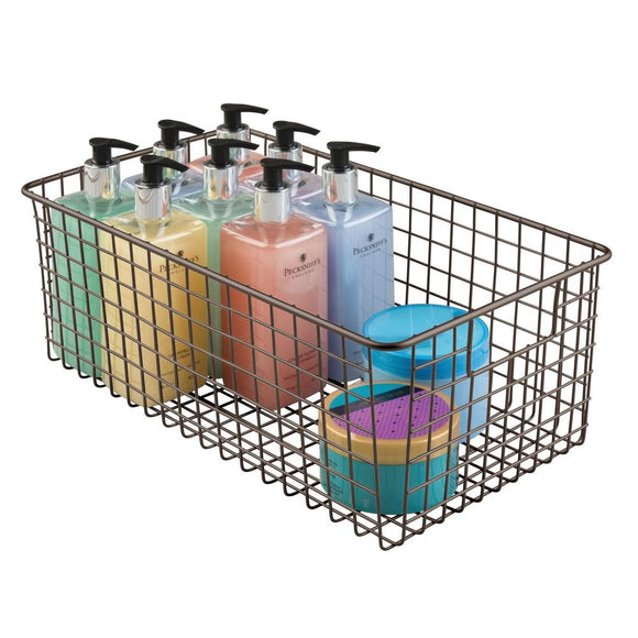 mDesign Farmhouse Decor Metal Wire Bathroom Organizer Storage Bin Basket - for Cabinets, Shelves, Countertops, Bedroom, Kitchen, Laundry Room, Closet, Garage - 16 x 9 x 6 in. - Bronze