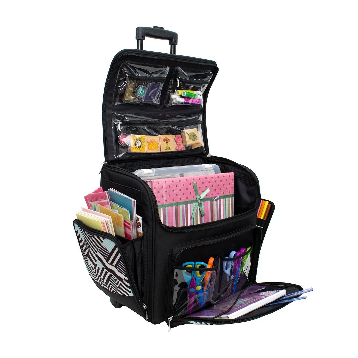 Featured everything mary wit deluxe teal geometric rolling organizer papercrafting storage tote for paper binder tools scissors stamps telescoping handle with dual wheels craft case