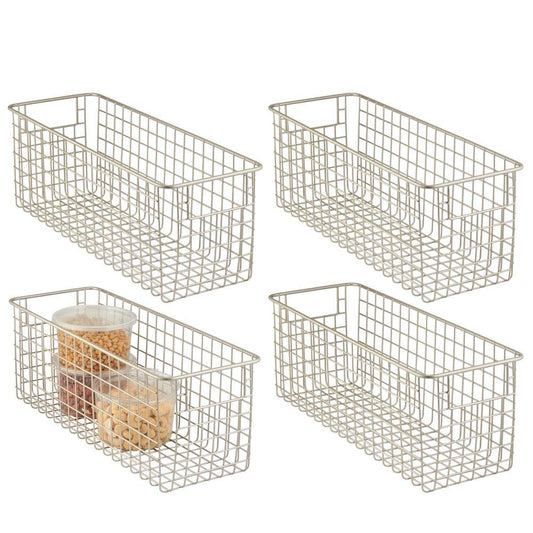 mDesign Farmhouse Decor Metal Wire Food Storage Organizer Bin Basket with Handles for Kitchen Cabinets, Pantry, Bathroom, Laundry Room, Closets, Garage - 16" x 6" x 6" - 4 Pack - Satin