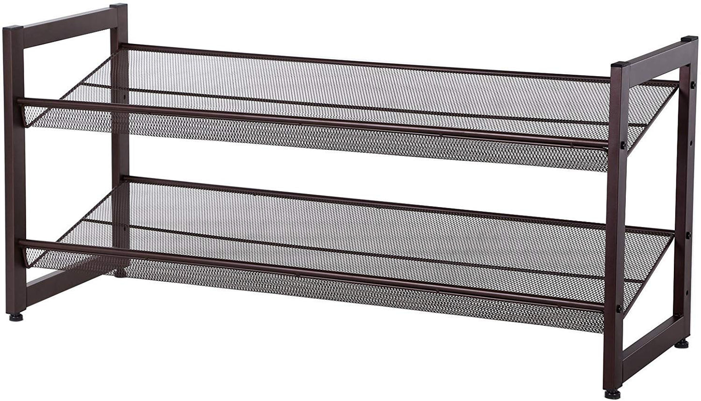 SONGMICS 2-Tier Stackable Metal Shoe Rack Flat & Slant Adjustable Shoe Organizer Shelf for Closet Bedroom & Entryway Bronze ULMR02A