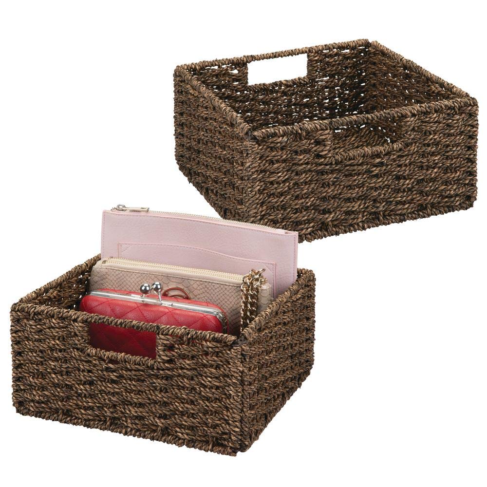 mDesign Natural Woven Seagrass Closet Storage Organizer Basket Bin - Collapsible - for Cube Furniture Shelving in Closet, Bedroom, Bathroom, Entryway, Office - 5.25" High, 2 Pack - Chestnut Brown