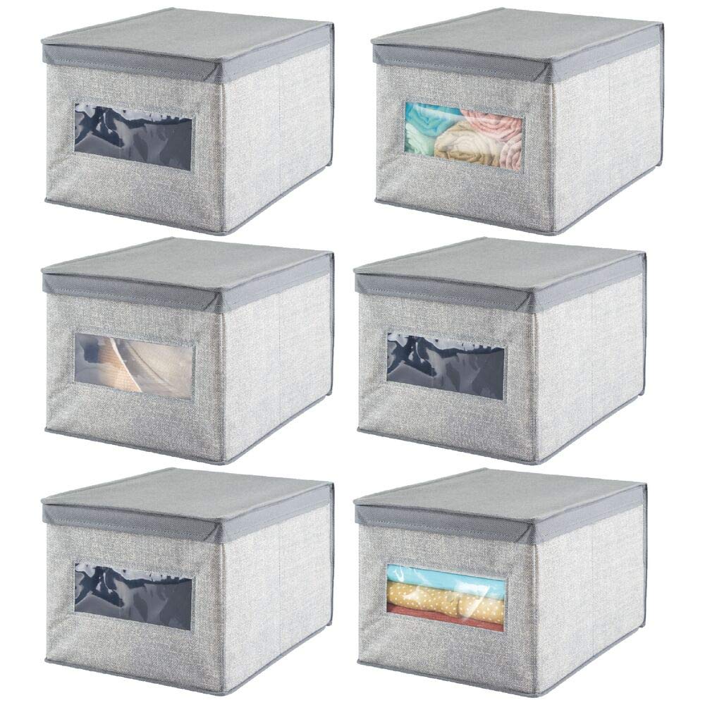 mDesign Soft Fabric Stackable Closet Storage Organizer Holder Box Bin with Clear Window, Attached Hinged Lid - Bedroom, Hallway, Entryway, Closet, Bathroom - Textured Print, Large, 2 Pack - Gray