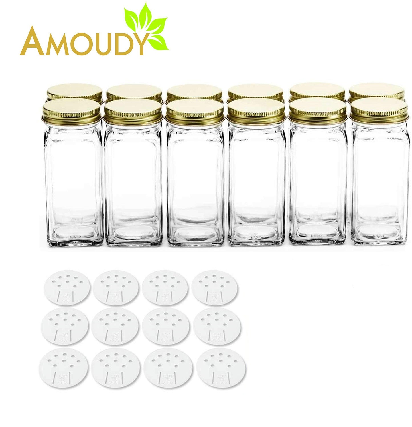 Home 12 square clear glass bottles containers jars 4oz with gold metal lids and shaker tops empty organizer set deluxe decorative modern spices seasoning food crafts gifts
