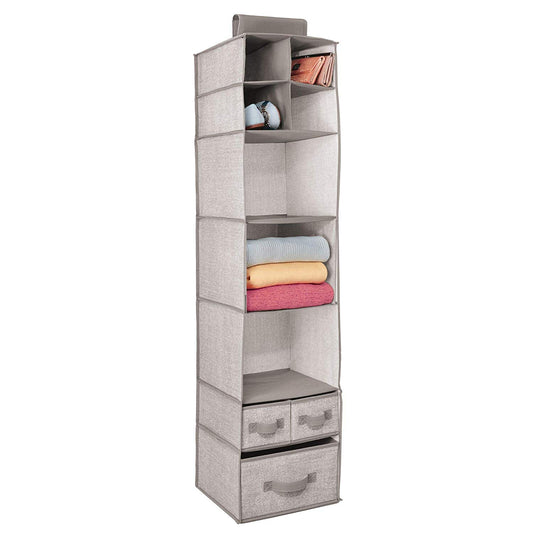 mDesign Soft Fabric Over Closet Rod Hanging Storage Organizer with 7 Shelves and 3 Removable Drawers for Clothes, Leggings, Lingerie, T Shirts - Textured Print with Solid Trim - Linen/Tan