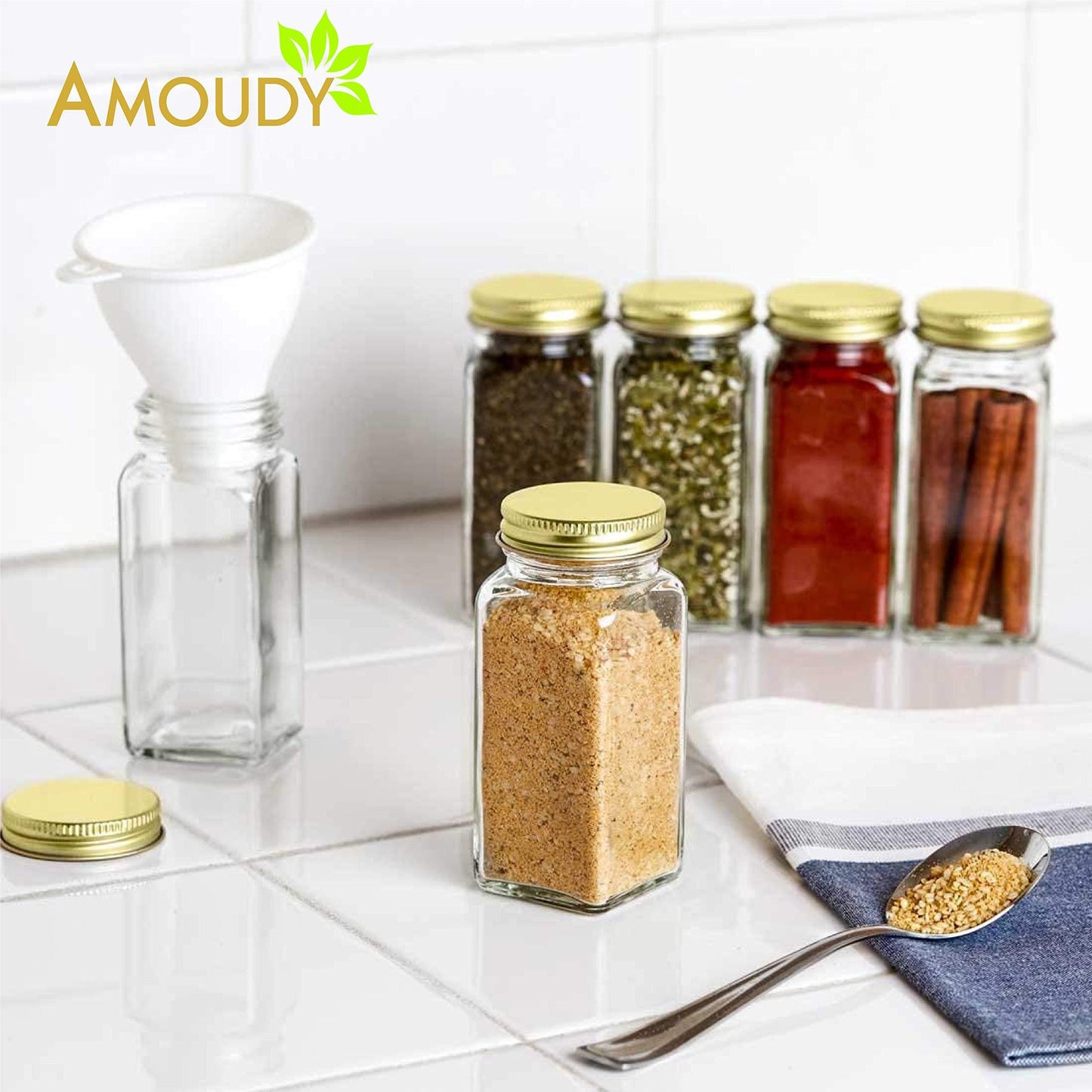 New 12 square clear glass bottles containers jars 4oz with gold metal lids and shaker tops empty organizer set deluxe decorative modern spices seasoning food crafts gifts