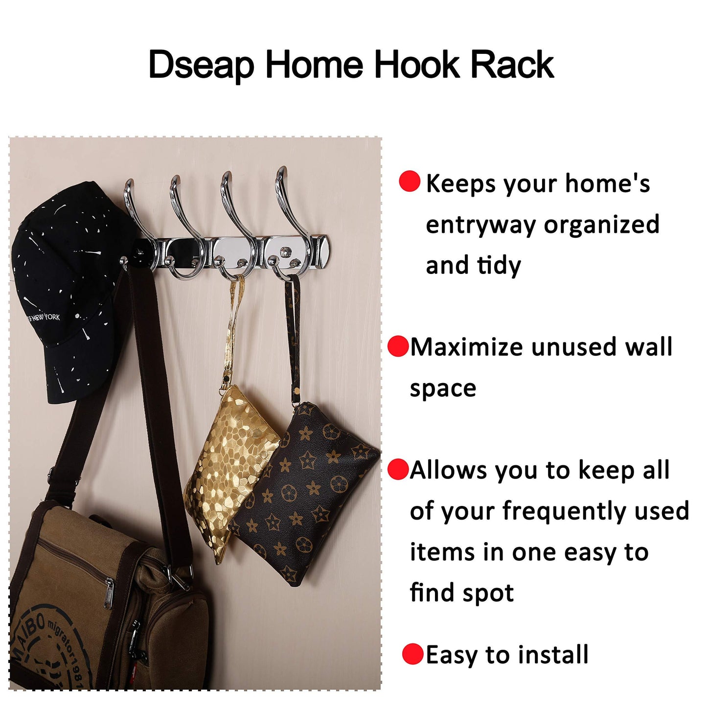 Dseap Coat Rack Wall Mounted, with 5 Jumbo Double Hooks, Heavy Duty, Stainless Steel, Metal Coat Hook, Hanging Clothes Towel Hat Robes, for Mudroom Bathroom Entryway, Chromed,2 Packs