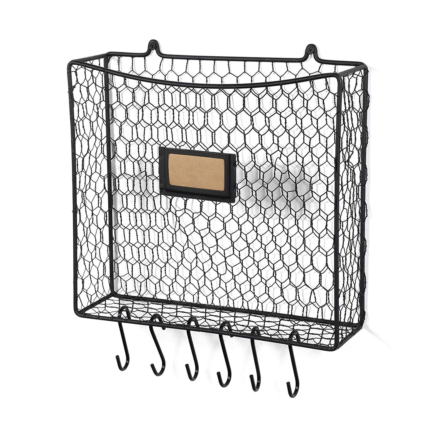 Wall35 Cestino Wall Mounted Multipurpose Mail Organizer - Chicken Wire Basket with S Hooks - Magazine Holder Coat Rack Foyer Storage with Key Hooks for Kitchen Entryway and Garage Black