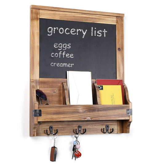 Burnt Wood Wall-Mounted Entryway Organizer with Chalkboard Sign & Key Hooks