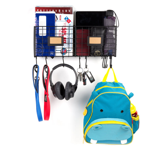 AMALFI Home Organizer Wire Basket Rack with 10 Hooks - Black - wallniture